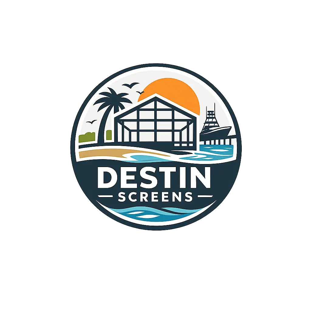 Destin Screens logo with coastal screen enclosure and boat design